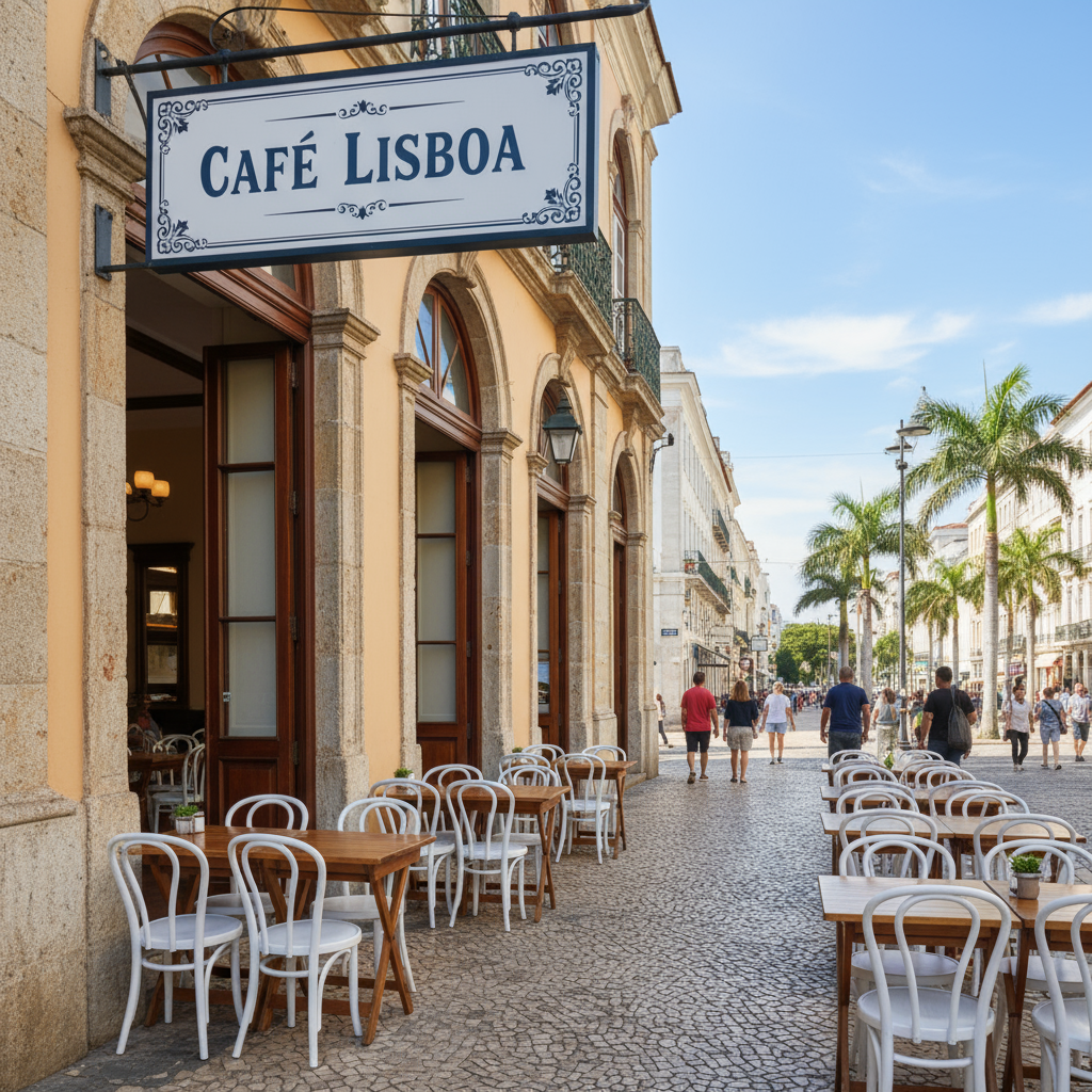 Fachada em RJ com letreiro regularizado e mesas na calçada – DLC Projetos.
