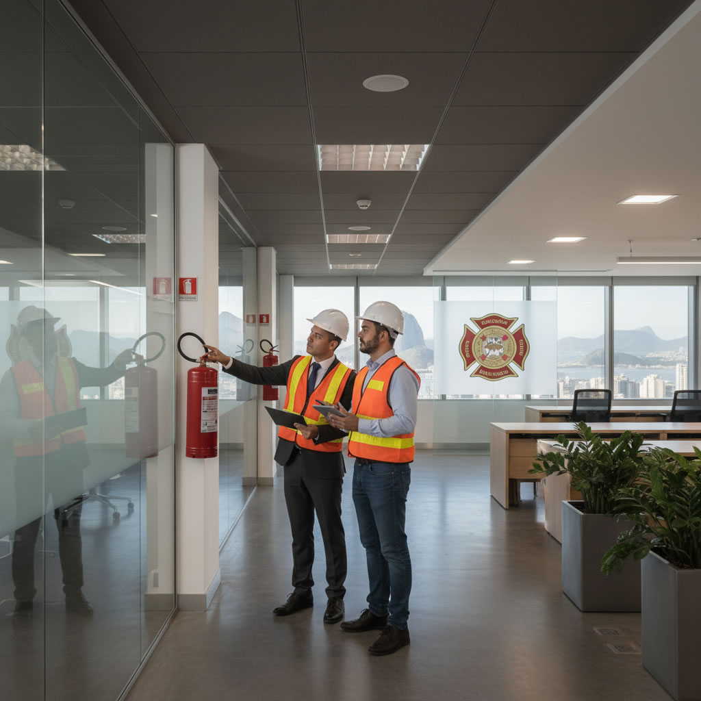 Engenheiro e técnico inspecionando extintores e luz de emergência em empresa no Rio de Janeiro, com selo do Corpo de Bombeiros ao fundo.