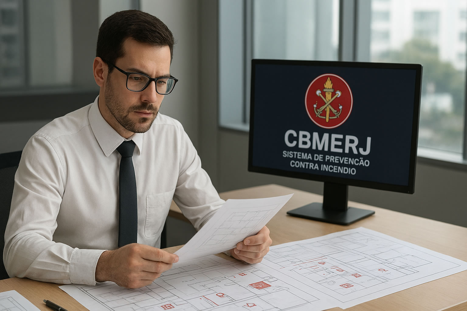 Engenheiro analisa documentação do AVCB em escritório profissional no Rio de Janeiro, com computador exibindo sistema CBMERJ, checklist de documentos na mesa e logo do CBMERJ em destaque.