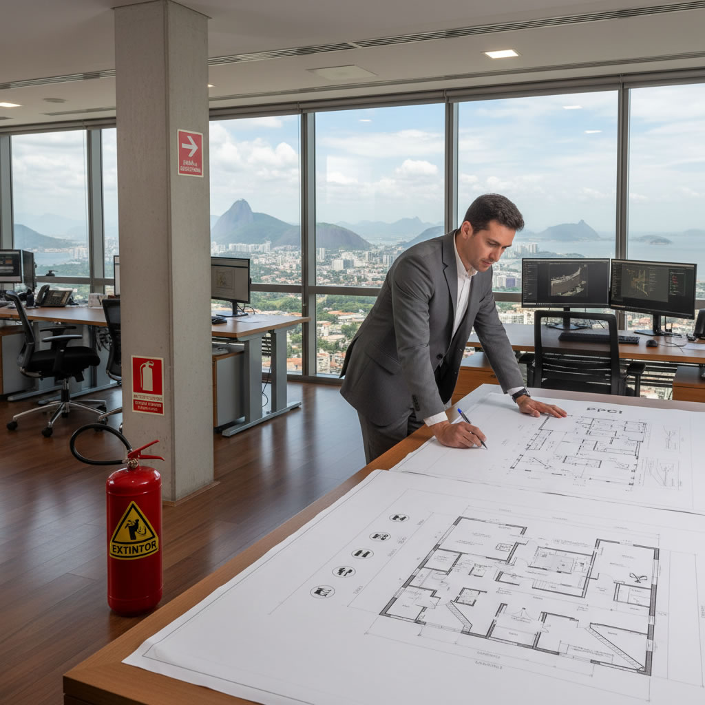 Engenheiro elaborando planta de prevenção contra incêndio (PPCI) em escritório profissional no Rio de Janeiro, com planta baixa e extintores em destaque.