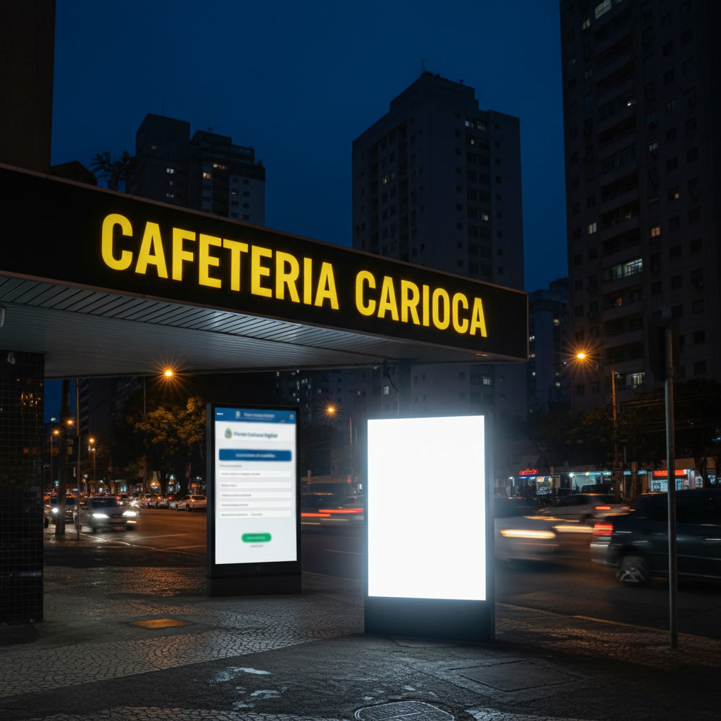 Fachada comercial no Rio de Janeiro à noite com dois letreiros luminosos: um com brilho reduzido (10% conforme regra noturna) e outro com operação normal