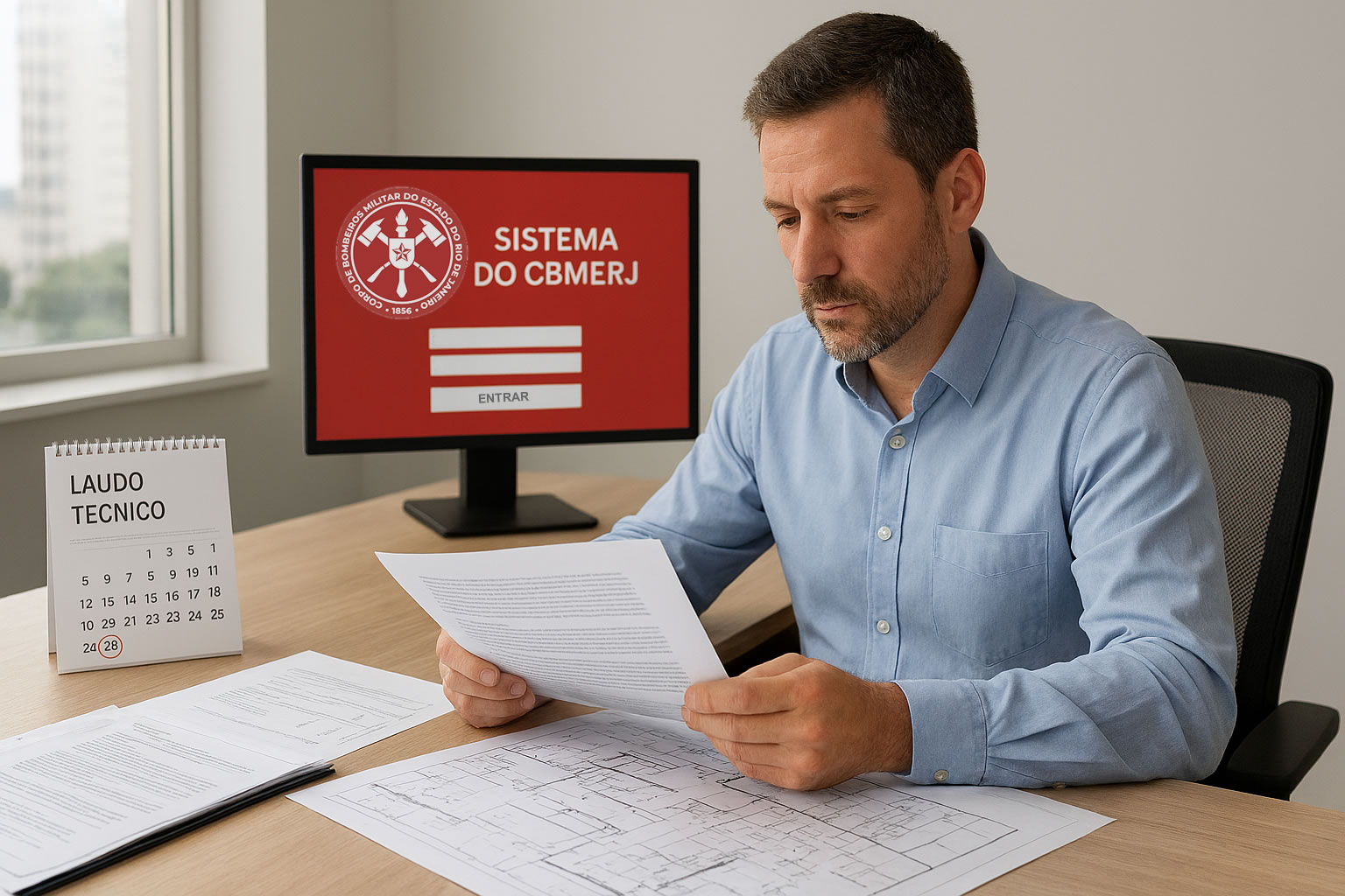 Profissional técnico acompanha renovação de AVCB no computador com documentação e calendário de vencimento em destaque no escritório.